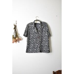 Vintage Notations Navy Blue Cream Abstract Geometric Button Up Blouse Top Womens